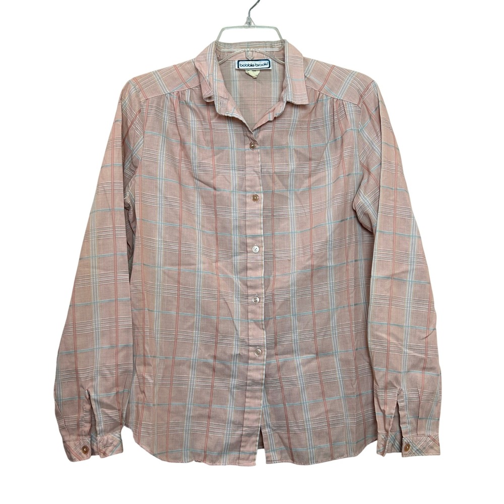 Bobbie Brooks Plaid Button Down Shirt Women Large Peach Vintage Lightweight Chic